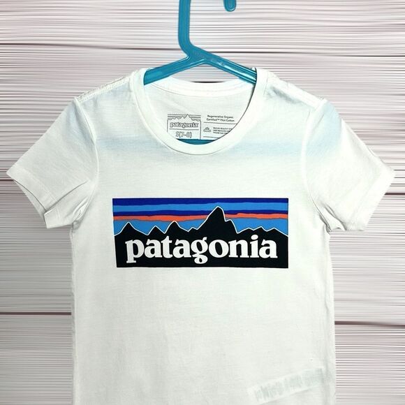 Patagonia Logo Graphic Tee White Organic Cotton Short Sleeves Kids S (7-8) - Picture 2 of 5